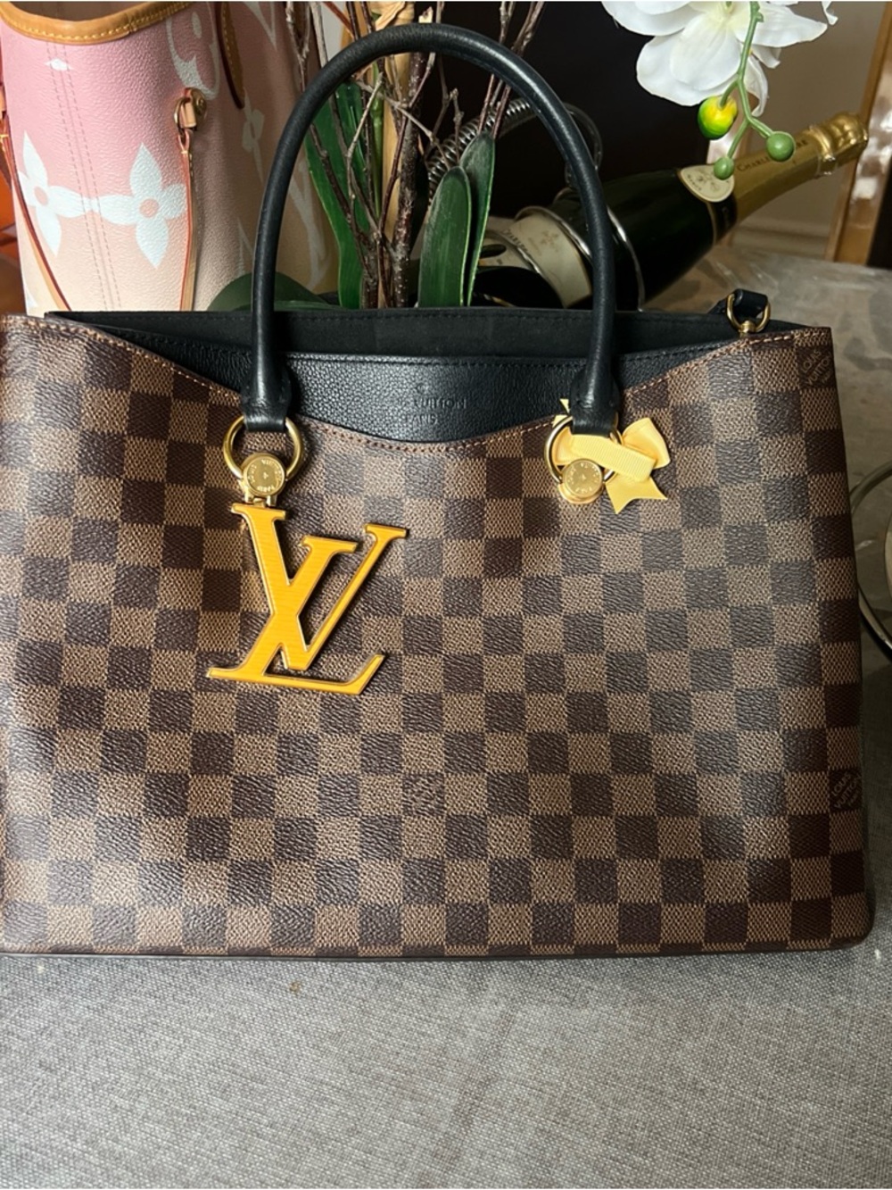 Louis Vuitton Brown Riverside Tote with Black Handles & Gold Hardware Accents